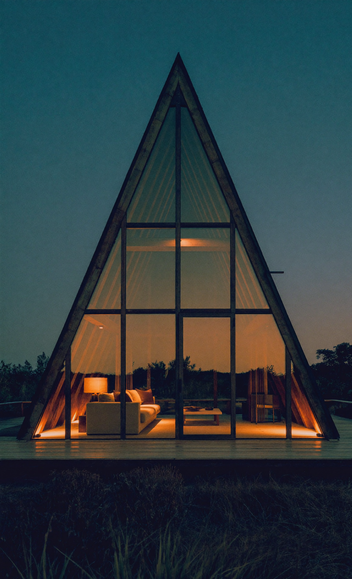 Chalé A-frame noturno com interior premium iluminado e sofá creme