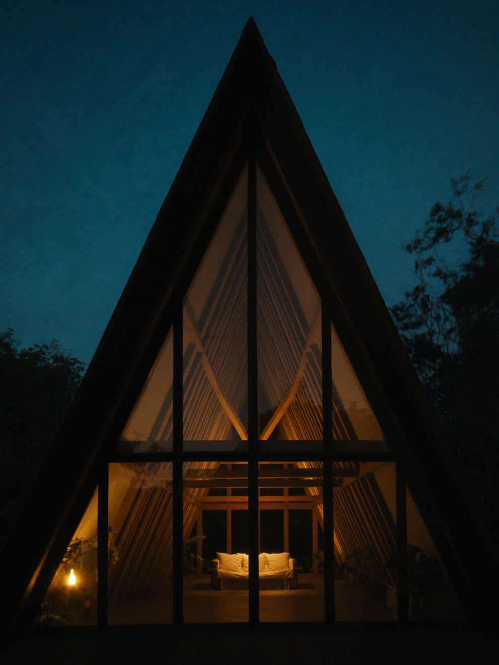 Chalé A-frame noturno com silhueta e sofá iluminado