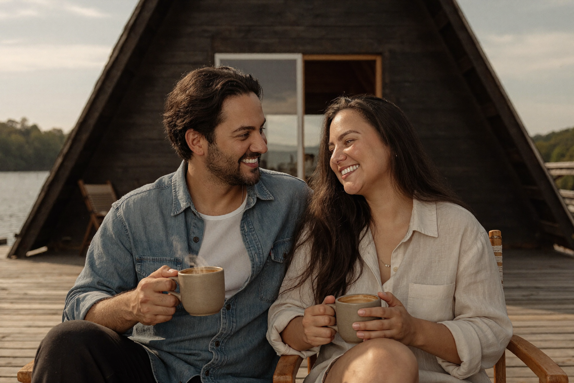 Casal feliz com canecas no deck do chalé A-frame